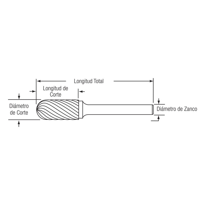 Lima Rotativa  SC-42 Carburo sólido DC1/8" X LC9/16" X Largo Total1-1/2" Z 1/8" Cilíndrica Con punta de bola. GLT ®