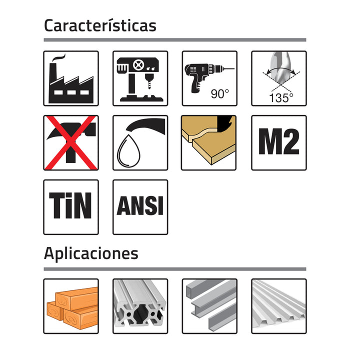 Broca Sierra 3/ 8" Acero Alta Velocidad Zanco Recto M2 / Tin HSS Punta 135° GLT ®